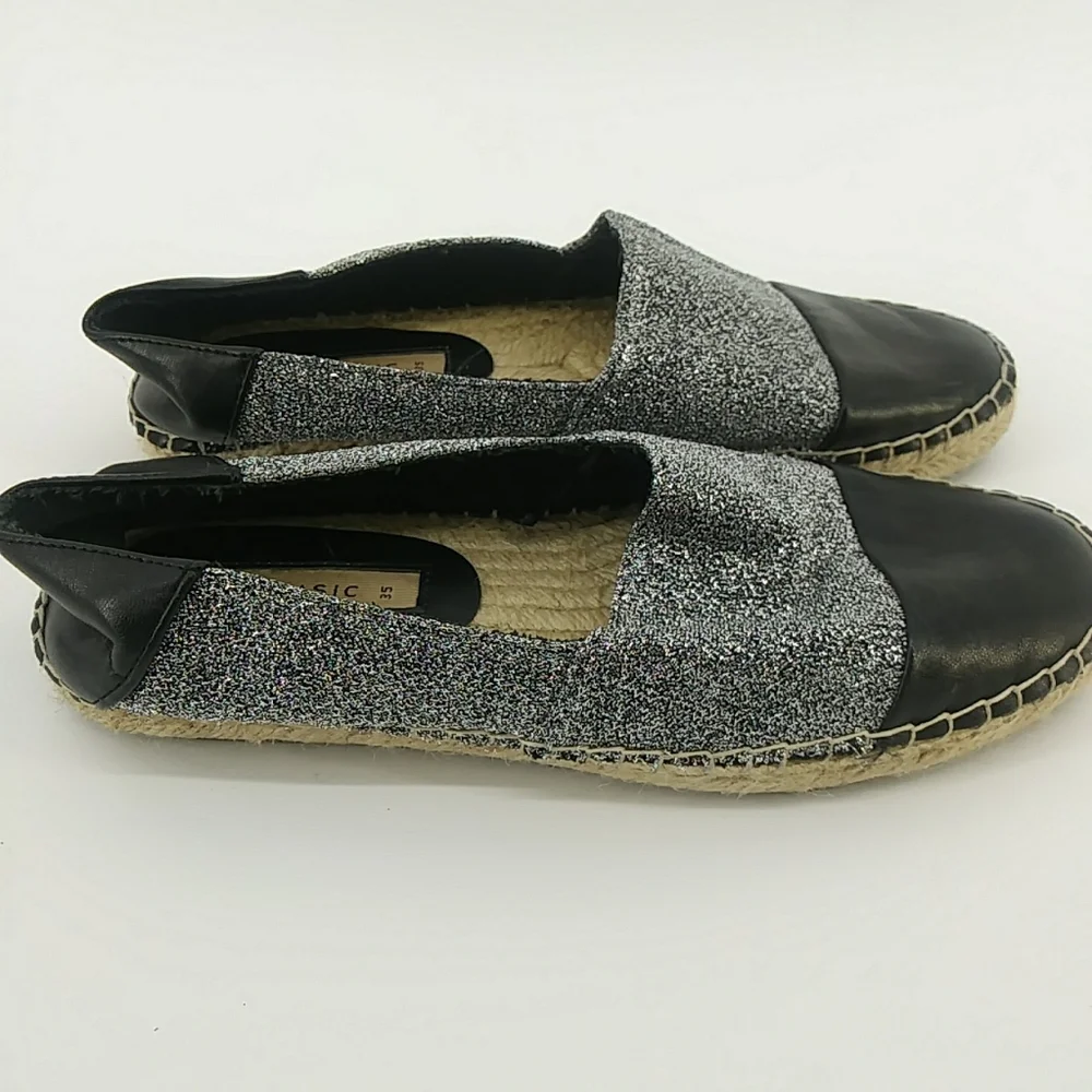Zara Basic Collection Metallic Faux Leather Cap Toe Espadrills Silver Glitter 35